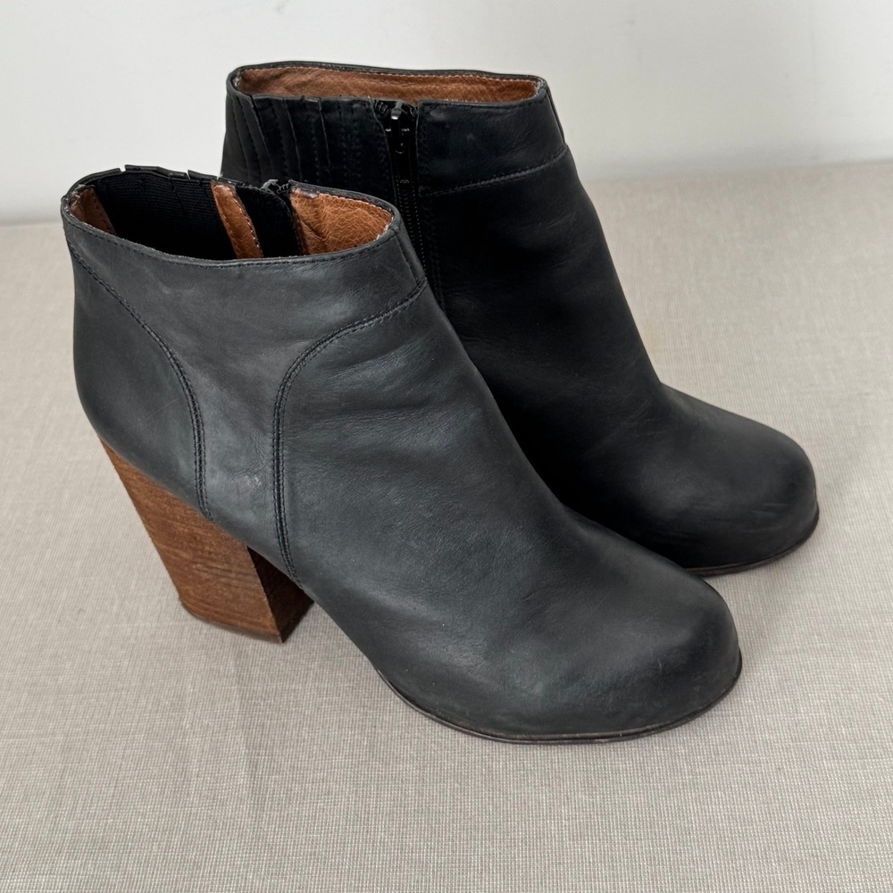Jeffrey Campbell Hanger Black Leather Stacked Heel Ankle‎ Boots Size 10